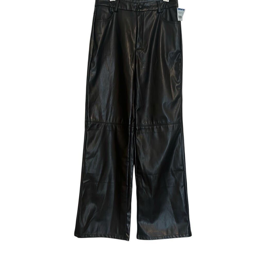 *NEW* Black Zip Fly Faux Leather Flat Front Wide Straight Leg Pants Ladies Small